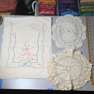Embroidered Floral Linen and Crochet Doilies